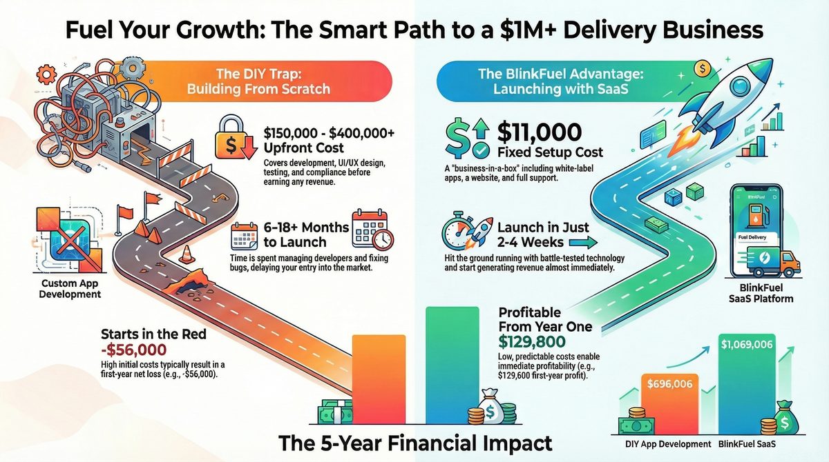 Two-path five-year chart. DIY: $150,000 to $400,000+ upfront, 6 to 18+ months, first year in the red at $56,000, five-year $696,006. Blink Fuel: $11,000 setup, 2 to 4 weeks, year one $129,800 (note says $129,600), five-year $1,069,006.