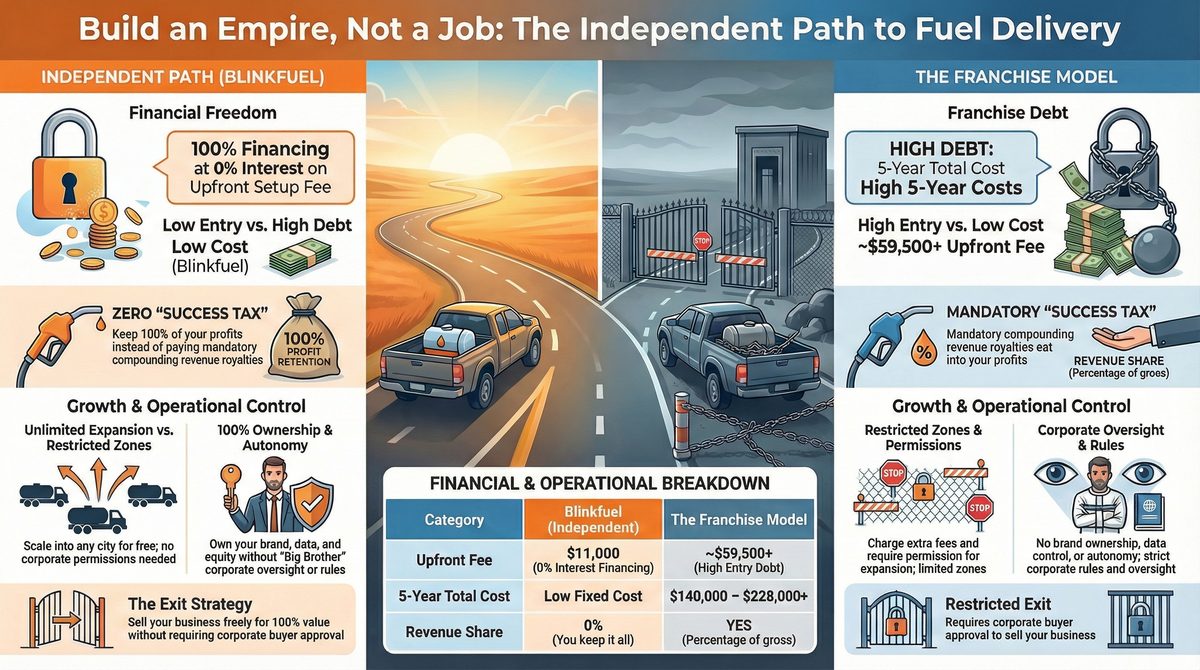 Three-column comparison with a cost table. Independent: 100% financing at 0% interest on the setup fee, subject to third-party lender approval; $11,000 upfront; 0% revenue share. Franchise: ~$59,500+ upfront, five-year $140,000 to $228,000+.