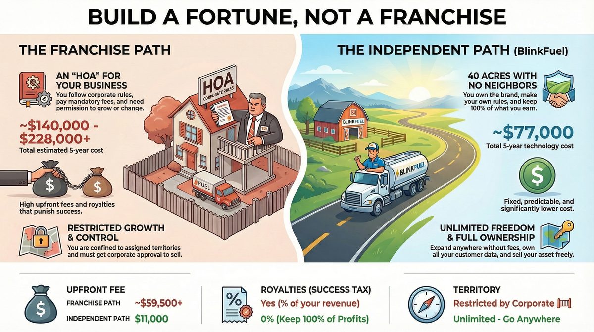 Two-path panel, 40 acres versus an HOA, plus a strip on fees, royalties and territory. Franchise: ~$59,500+ upfront, ~$140,000 to $228,000+ over five years. Independent: $11,000 upfront, ~$77,000 five-year tech, 0% royalties.