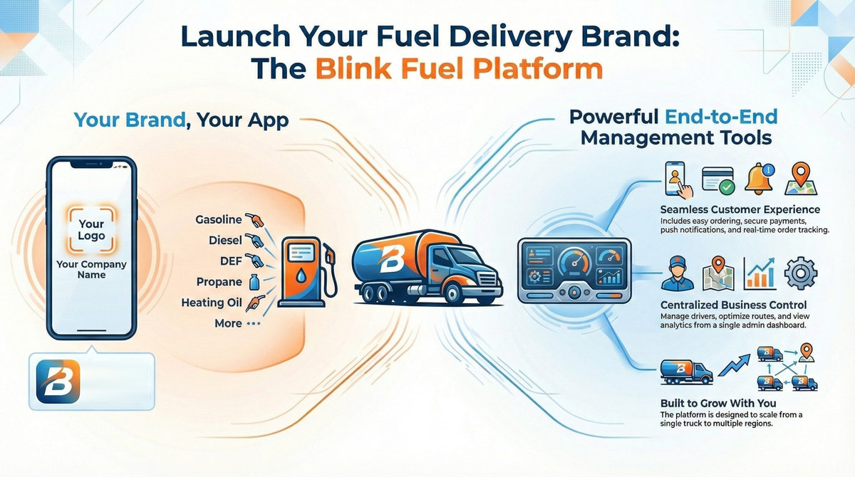 Platform diagram. Left, a phone app carrying your logo and company name, with gasoline, diesel and DEF. Center, a truck in your livery. Right, ordering, payments, tracking and one admin dashboard.