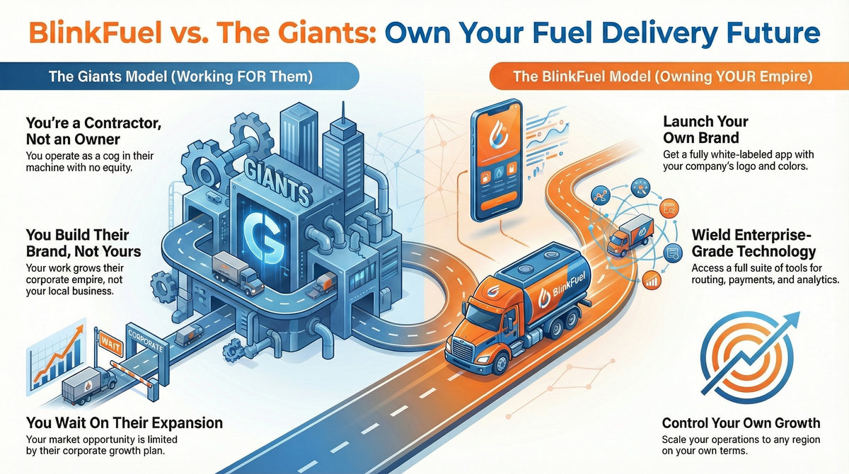 Two-panel diagram. Left, the Giants model: you are a contractor with no equity, building their brand and waiting on their expansion plan. Right, the Blink Fuel model: your own branded app, your own routes, payments and analytics, your own growth.