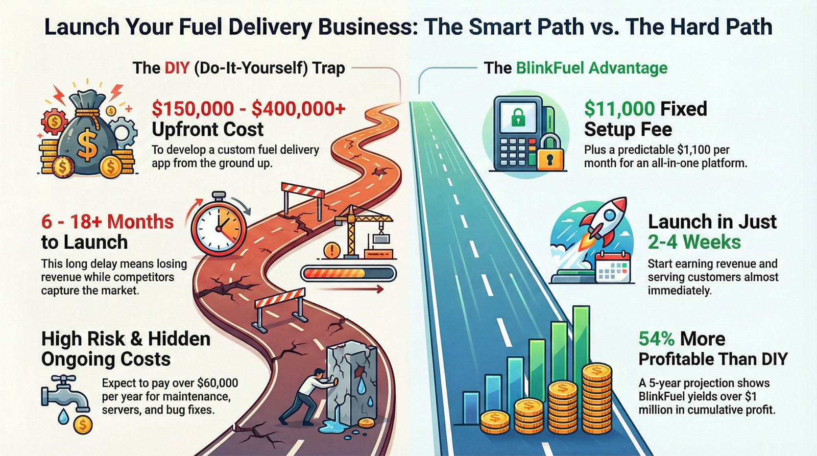 Two-road split chart. DIY: $150,000 to $400,000+ upfront, 6 to 18+ months to launch, over $60,000 a year to maintain. Blink Fuel: $11,000 setup plus $1,100 a month, live in 2 to 4 weeks, 54% more profitable, over $1 million in five-year profit.