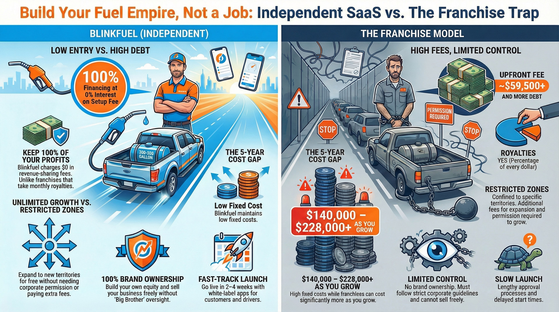 Two-panel comparison. Blink Fuel: 100% financing at 0% interest on the setup fee, subject to third-party lender approval; $0 in revenue-sharing fees; live in 2 to 4 weeks. Franchise: ~$59,500+ upfront fee and $140,000 to $228,000+ over five years.