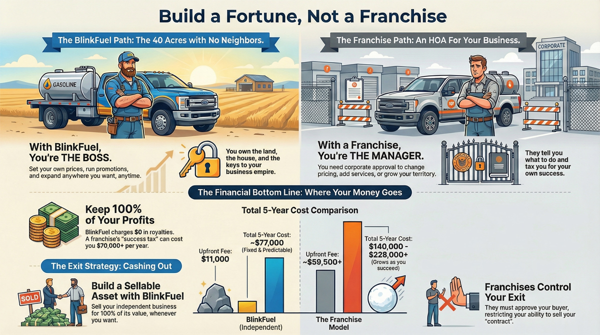 Split panel plus five-year cost bar chart. Blink Fuel path, 40 acres with no neighbors: $11,000 upfront, ~$77,000 over five years, $0 royalties, keep 100% of profits. Franchise: ~$59,500+ upfront, $140,000 to $228,000+, royalties $70,000+ a year.