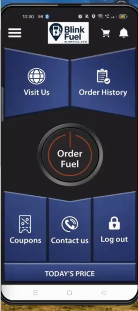 Blink Fuel customer app home screen with Order Fuel, order history, coupons, and today's price under the operator brand
