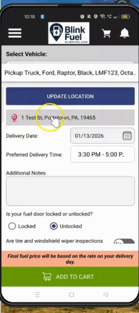 Blink Fuel order screen showing vehicle selection, delivery address, date and time, and Add to Cart