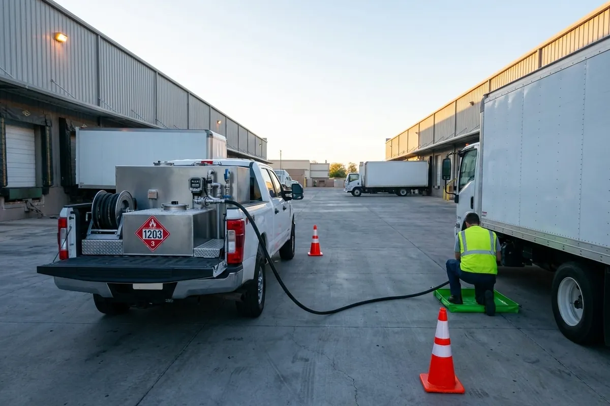Fuel trucks parked in an operator yard, the kind of fleet that runs mobile gasoline and diesel delivery