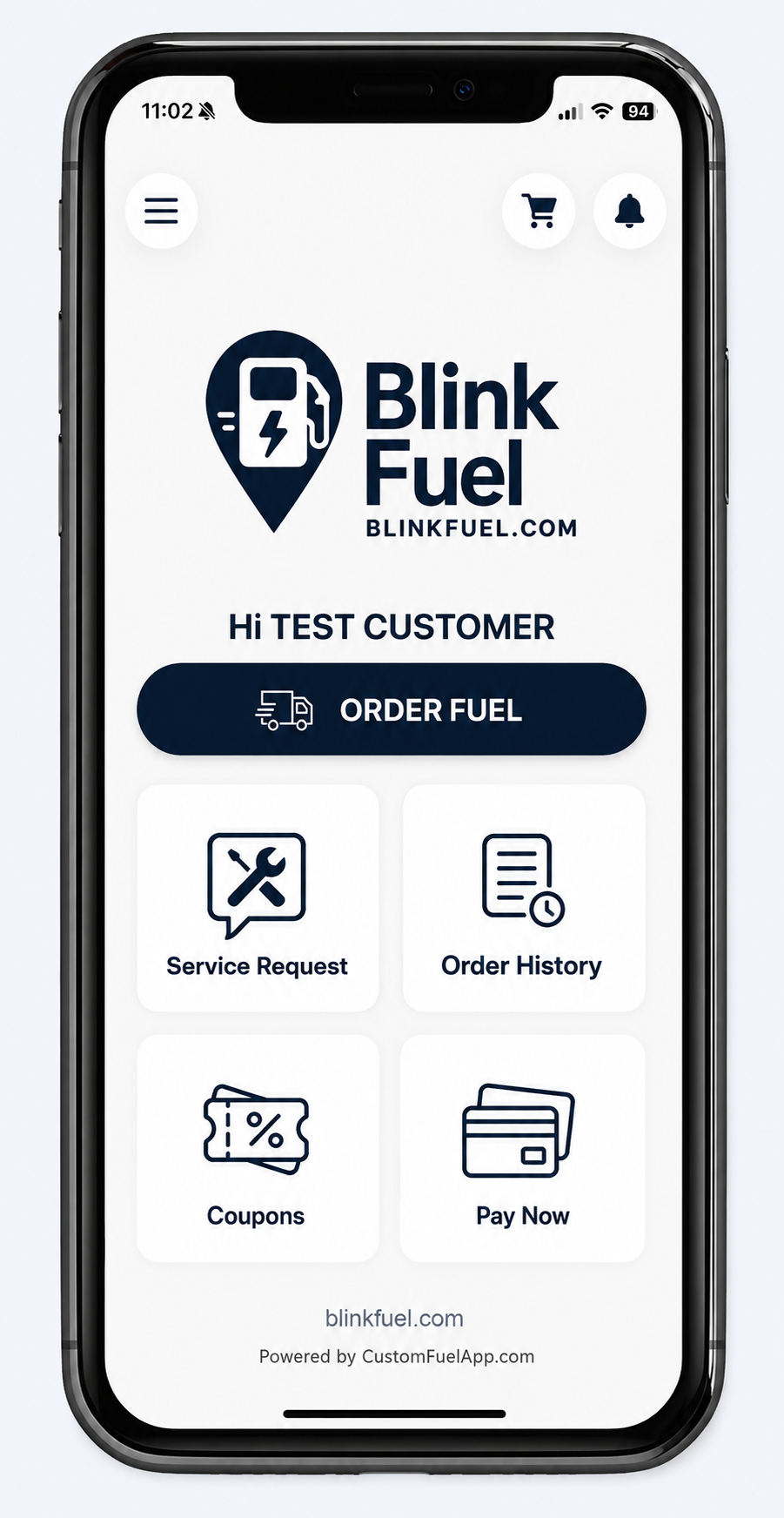 Blink Fuel white-label app screenshot showing the Order Fuel button, service requests, and order history